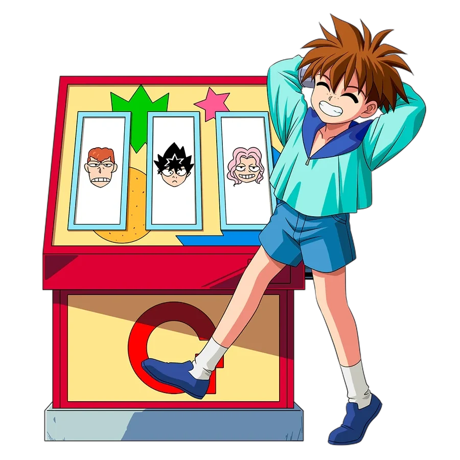 Tsukihito Amanuma, o Game Master, ao lado de uma máquina com os rostos de Kuwabara, Hiei e Kurama